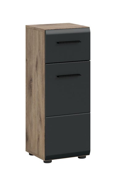 Badunterschrank mit Korpus in Holzoptik und Fronten in Anthrazit, eine Schublade, zwei Türen und schwarze Griffe.