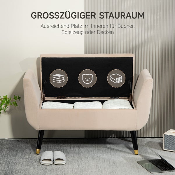 HOMCOM Sitzbank mit Stauraum Armlehnen Polsterbank mit Samtoptik, Sitztruhe mit Holzbeine, Truhenbank für Wohnzimmer Schlafzimmer Flur 107 x 42 x 65 cm, Beige