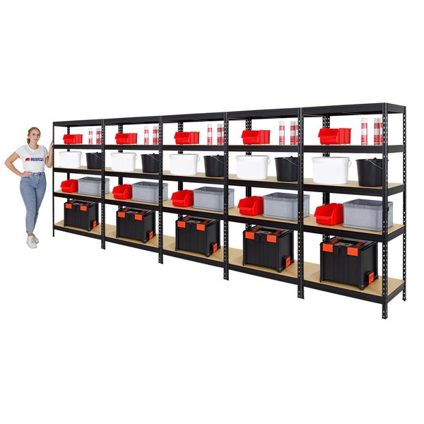 PROREGAL Mega Deal 5x Schwerlastregal Rivet HxBxT 180 x 90 x 45 cm Fachlast 250 kg Schwarz