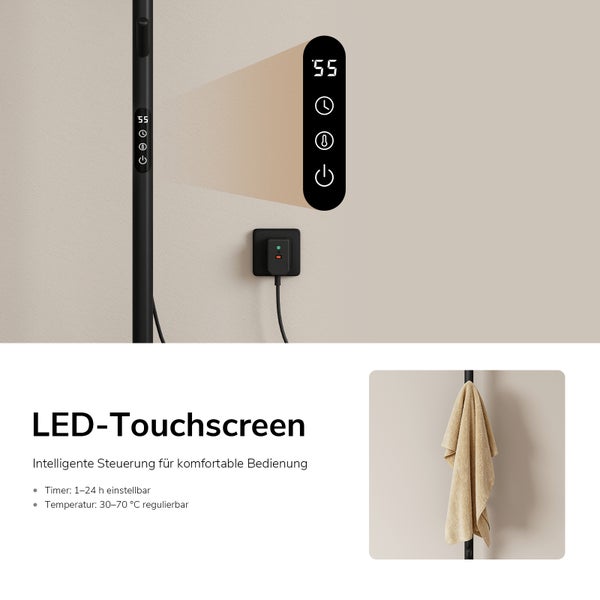 Elektrischer Handtuchheizkörper mit LED Touchscreen zur Steuerung von Timer und Temperatur inklusive Stromanschluss und Handtuch.