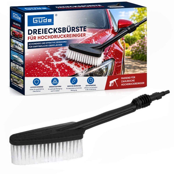 Güde Dreiecksbürste für Hochdruckreiniger mit weichen weißen Borsten und schwarzem Griff inklusive Verpackung.
