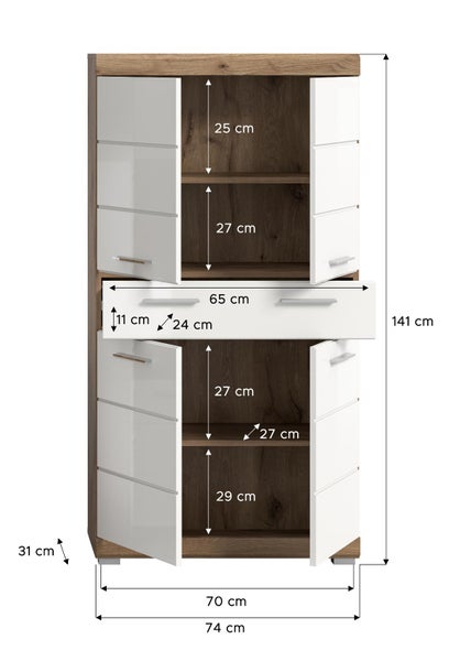 Hochschrank mit vier Türen und einer Schublade in Holzoptik und Weiß. Maße: 141 Zentimeter hoch, 74 Zentimeter breit, 31 Zentimeter tief.