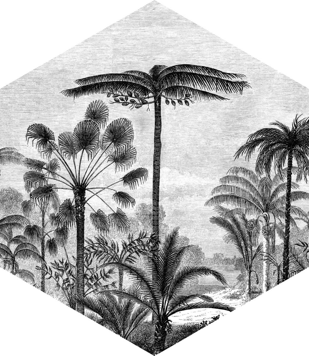 ESTAhome Wandtattoo tropische Landschaft mit Palmen Schwarz-Weiß - 140 x 161 cm - 159024