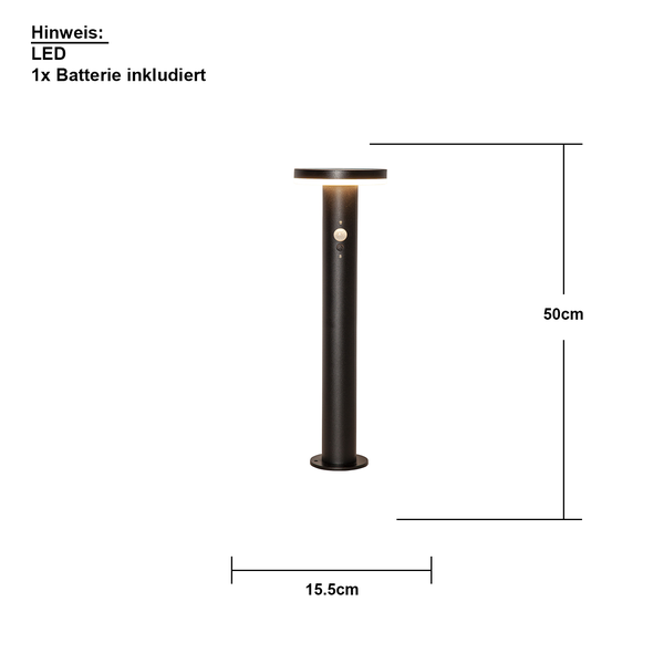 Abmessungen einer schwarzen LED Wegeleuchte mit Batterie, Höhe 50 Zentimeter, Durchmesser 15,5 Zentimeter.