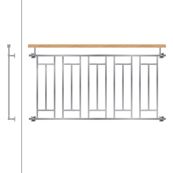 ECD Germany Französischer Balkon 90 x 156 cm mit 5 Füllelementen, Silber glänzend, Holzoptik, aus Edelstahl, Balkongeländer Stabgeländer Balkonbrüstung Balkongitter Fenstergeländer Außen Fenstergitter