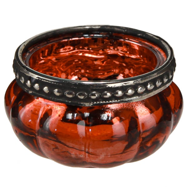 Roter Teelichthalter aus Glas in Kürbisform mit verziertem silbernen Metallrand.