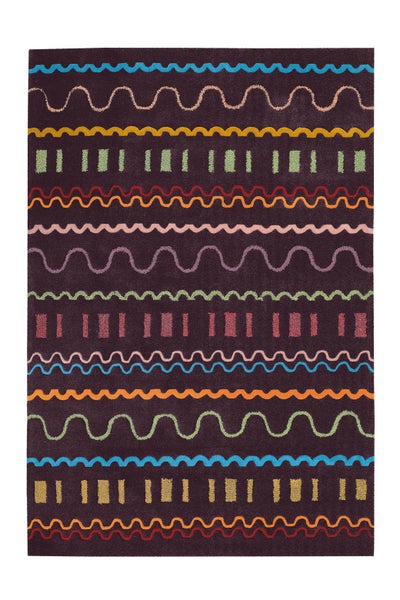 Rechteckiger Teppich mit abstraktem Muster aus bunten Wellenlinien und vertikalen Balken.