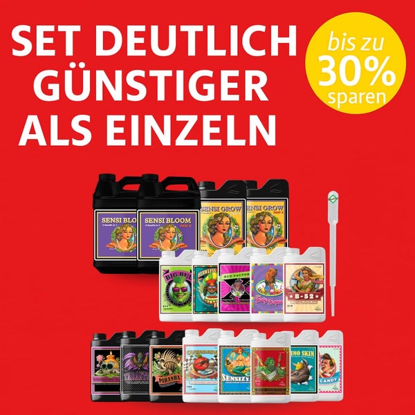 Advanced Nutrients Pflanzendünger-Set mit verschiedenen Flüssigdüngern in Kanistern und einer Pipette, bis zu 30 Prozent Ersparnis.
