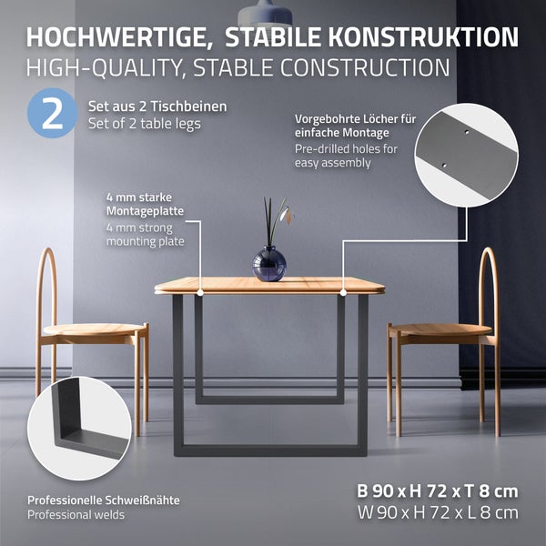 ECD Germany 2x Tischbeine aus Vierkantprofilen, 90 x 72 cm, Anthrazit, pulverbeschichtete Stahl, Industriedesign, Metall Tischkufen Tischuntergestell Tischgestell Möbelfüße, für Esstisch Schreibtisch