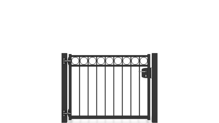 Gartentor ZAUNGURU BASIC-Linie Oldenburg Kreis aus Metall, Höhe: 103cm, Breite: 150cm, 1-flügelig inkl. Pfosten, Schloss und Zubehör, Feuerverzinkt und in RAL 7016 Anthrazitgrau pulverbeschichtet