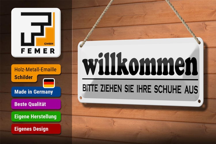 Blechschild Spruch 27x10cm Willkommen bitte Ihre Schuhe aus Dekoration