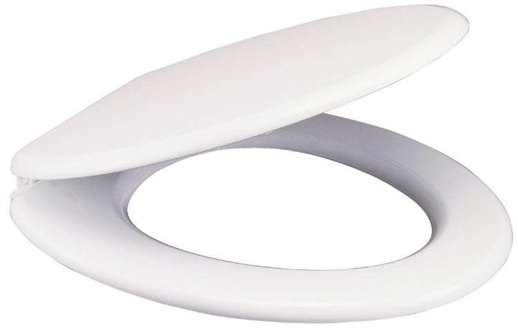 Unterseite eines Toilettensitzes mit vier Puffern und zwei Scharnieren.