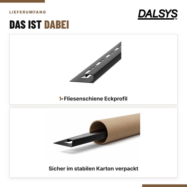 Lieferumfang Dalsys Fliesenschiene Eckprofil verpackt in einer stabilen Kartonhülse