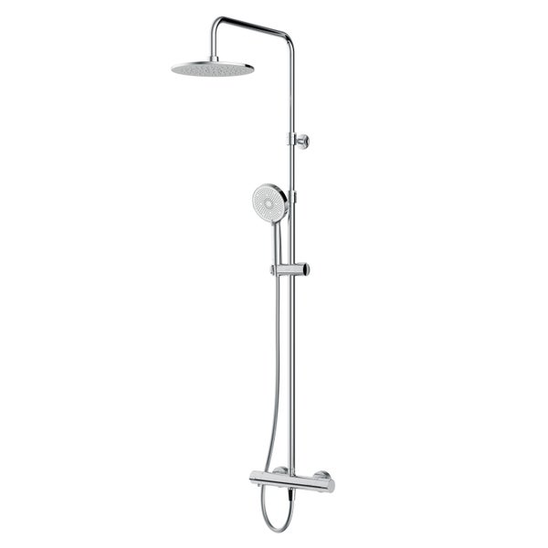 Duschsystem mit Thermostatarmatur, Kopfbrause und Handbrause aus Metall.