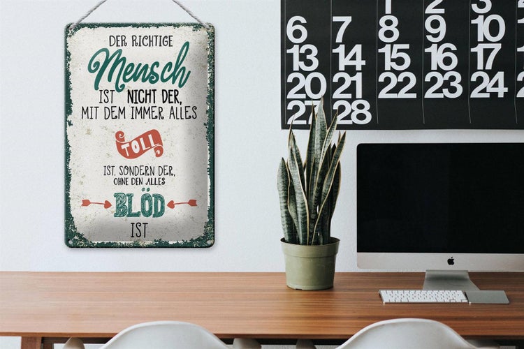 Blechschild Spruch der richtige Mensch ohne alles blöd 20x30cm