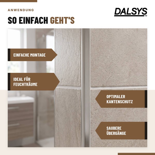 Dalsys Fliesenabschlussprofil montiert an einer gefliesten Wand mit Hinweisen zu Montage, Feuchtraumeignung, Kantenschutz und sauberen Übergängen.