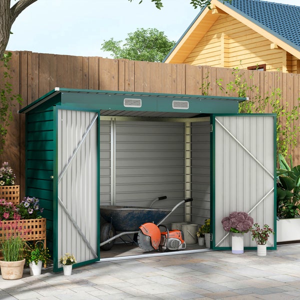 Outsunny Gerätehaus 4,1m³, Metall Gartenhaus mit Pultdach, 249 x 121 x 166/183 cm, Einfach Montage Geräteschuppen mit Abschließbar Doppeltüren, Fenster, Fahrradgarage, Gartenschrank für Garten, Grün