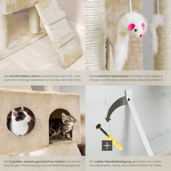 Detailansichten eines Katzenkratzbaums mit Leitern, Spielmäusen, Höhlen und Wandbefestigung
