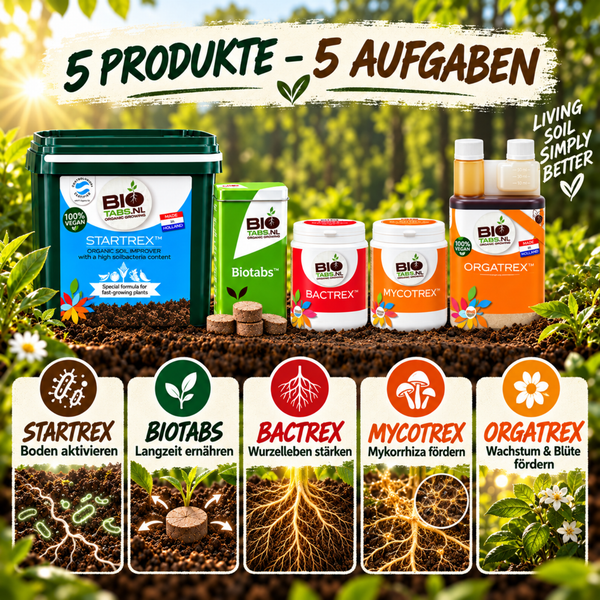 Set mit fünf BioTabs Produkten für die organische Pflanzenpflege inklusive Startrex, Biotabs, Bactrex, Mycotrex und Orgatrex zur Bodenverbesserung.