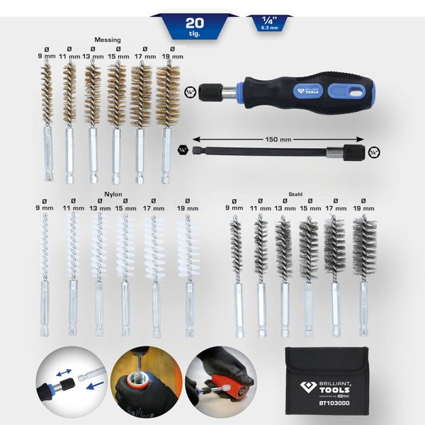 Brilliant Tools Bürsten-Set, 20-teilig mit Messing-, Nylon- und Stahlbürsten in verschiedenen Größen, inklusive Schraubendreher, Verlängerung und Aufbewahrungstasche