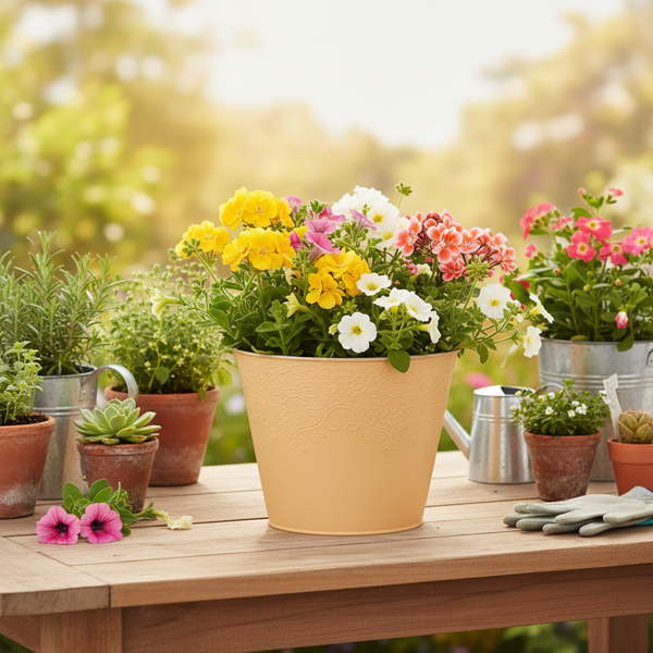 Blumentopf mit Reliefmuster auf einem Holztisch neben Terrakottatöpfen, Kräutern, Gießkanne und Gartenhandschuhen in heller und geordneter Umgebung.