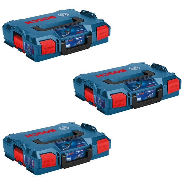 Drei blaue Bosch L-BOXX Werkzeugkoffer aus Kunststoff mit Tragegriffen und roten Verschlussclips zur Aufbewahrung und zum Transport.