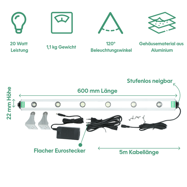 Parus by Venso Wall Spot 60cm, Abstrahlwinkel 120°, LED Wachstumslampe, Grow Light für Zimmerpflanzen und Grünpflanzen, Fassaden- und Wandbegrünung