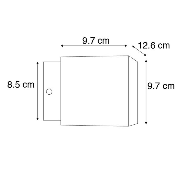Skizze einer Wandleuchte mit den Maßen 9,7 cm, 8,5 cm und 12,6 cm