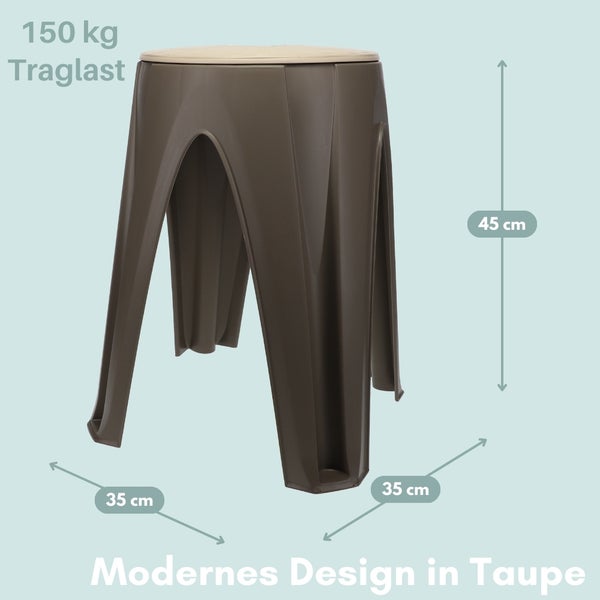 Moderner Hocker aus Kunststoff, 45 cm hoch, 35 cm breit, mit einer maximalen Traglast von 150 kg