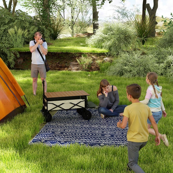 Outsunny Outdoor Teppich robuster Wetterfest Outdoorteppich, Carpet mit Boho-Style, Outdoor-Teppich für Wohnzimmer Balkon Garten Terrasse Bad Flur Küche, 182 x 274 cm Blau+Weiß