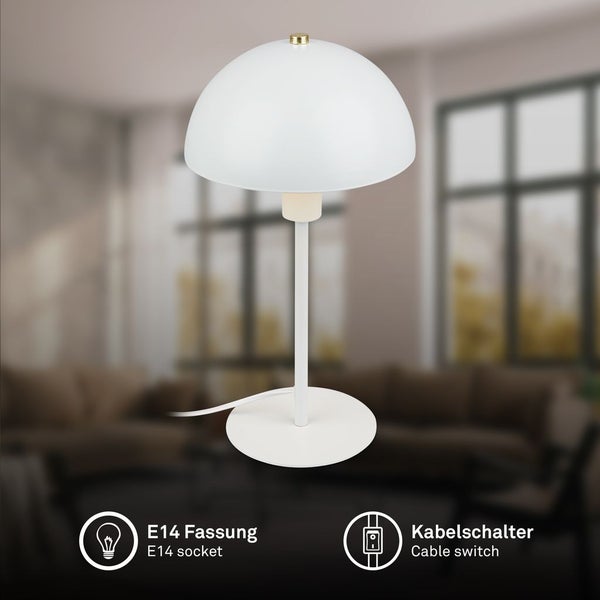 Weiße Tischleuchte in Pilzform mit E14 Fassung und Kabelschalter.
