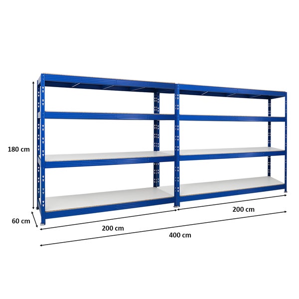 PROREGAL Mega Deal 2x Profi Schwerlastregal Rhino HxBxT 180 x 200 x 60 cm 4 Melamin-Ebenen 16mm Fachlast 500 kg Blau