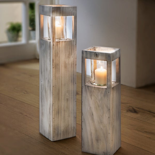 FRANK FLECHTWAREN | Windlichtsäule Shabby-Charme, HOLZ, 15 x 15 x 50 cm, Glas Ø 10 x 15 cm, ohne Kerze