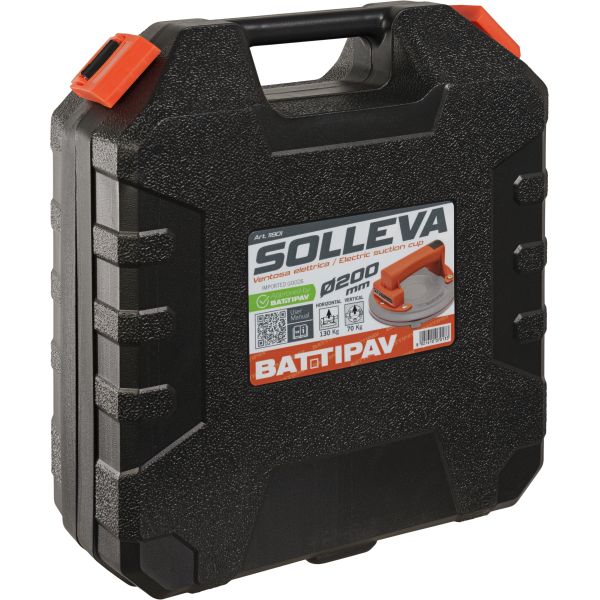Schwarzer Transportkoffer für Battipav Solleva elektrischer Saugheber, 200 Millimeter Durchmesser, mit orangefarbenen Verschlüssen.