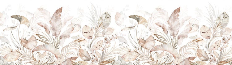 Tapetenbordüre mit getrockneten Blättern und botanischen Motiven im Boho-Stil.