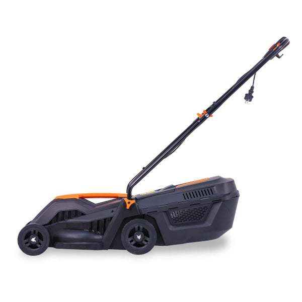 Elektro-Rasenmäher mit Fangkorb und verstellbarem Holm in Schwarz und Orange.