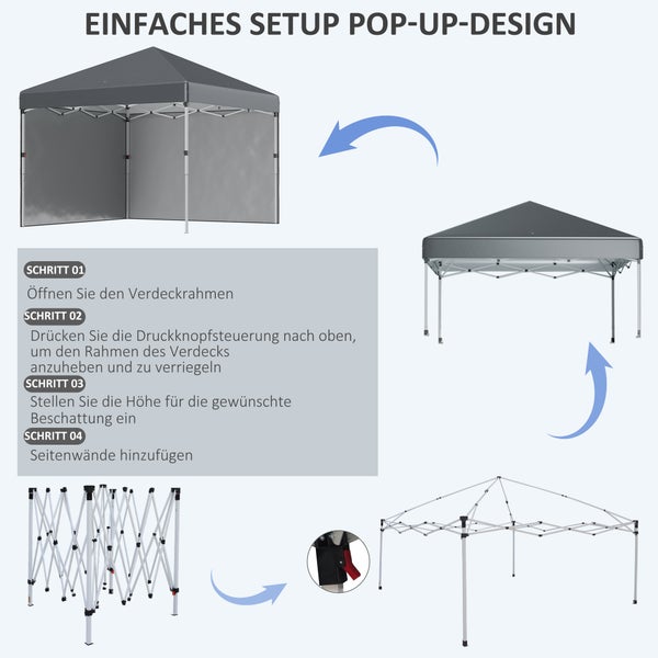 Outsunny Pavillon ca.3x3m, wasserabweisend Stabil Winterfest Pop-up Faltpavillon mit 2 Seitenwänden, UV Schutz 30+, Faltbar Partyzelt Gartenzelt mit Tasche, Gartenpavillon für Camping, Dunkelgrau