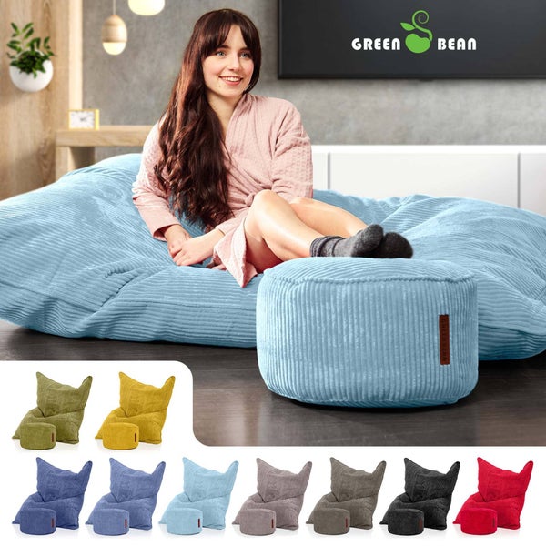 Green Bean Sitzsack + Pouf im Set - XXL Riesensitzsack mit passenden Fußhocker | EPS Füllung Bean Bag Bodenkissen Liegekissen Sitzkissen Indoor Drinnen Waschbar Hellblau