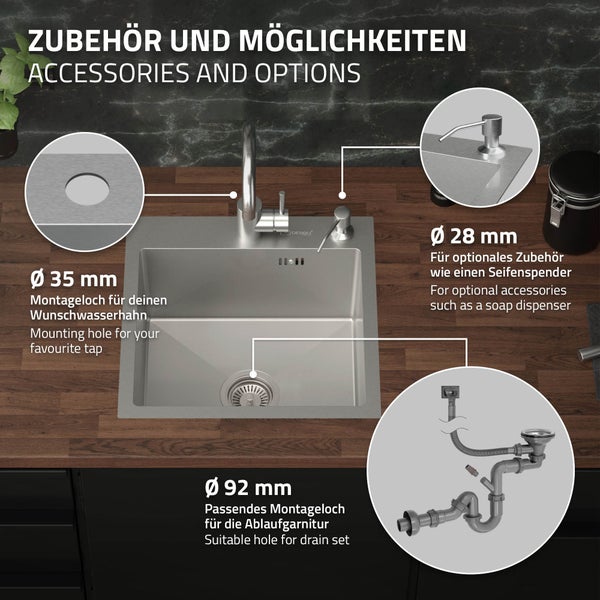 ML-Design Spülbecken Edelstahl 45x45 cm, Küchenspüle eckig, 1 Becken klein, Einbauspüle mit 2 Löchern, Edelstahlspüle mit Ab- und Überlaufgarnitur, Einzelbecken mit Siphon, Waschbecken Küche, Spüle