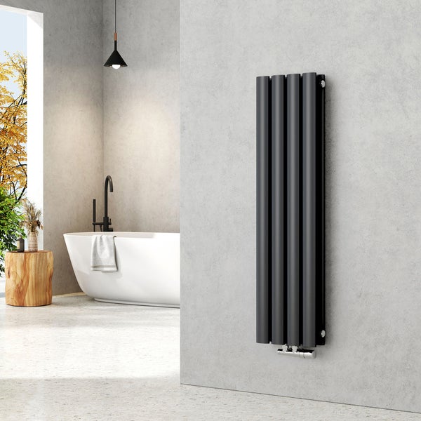 EMKE Badheizkörper 900×240 mm, Designheizkörper, Vertikal, Doppelrohr oval, 373W, Anthrazit, für Warmwasserbetrieb, für Bad, Zentralanschluss