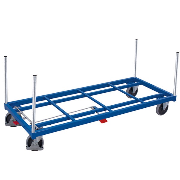 Transportwagen aus blauem Stahl mit vier Einsteckrungen und vier Lenkrollen.