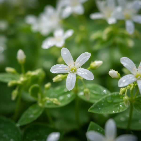 Weiße sternförmige Blüten einer Bodendecker Pflanze mit grünen Blättern und Wassertropfen