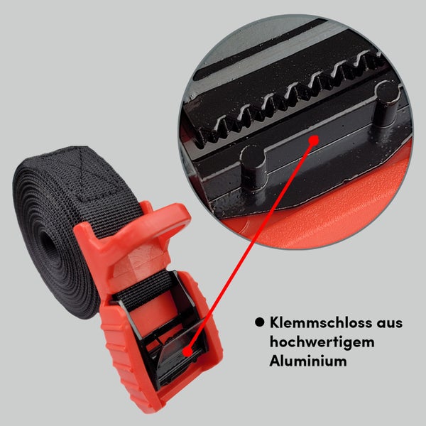 Zurrgurt mit Klemmverschluss aus hochwertigem Aluminium für die Ladungssicherung.