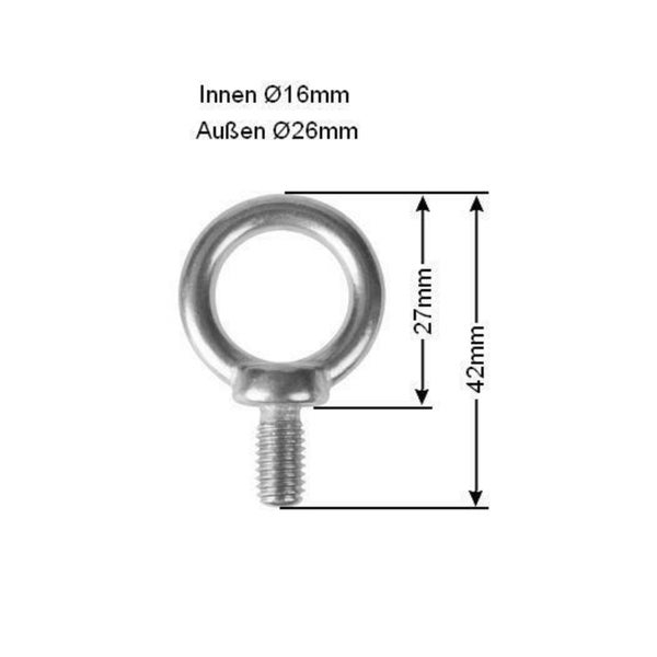 Ringschraube mit metrischem Gewinde aus Metall, inklusive Maßangaben für Innendurchmesser 16 Millimeter und Außendurchmesser 26 Millimeter