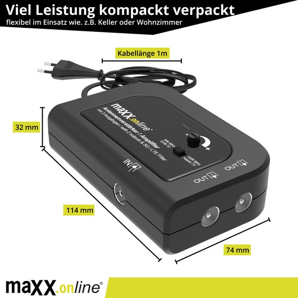 Maxx Online Antennenverstärker mit 2 Ausgängen und 5G/LTE Filter, Kabellänge 1 Meter