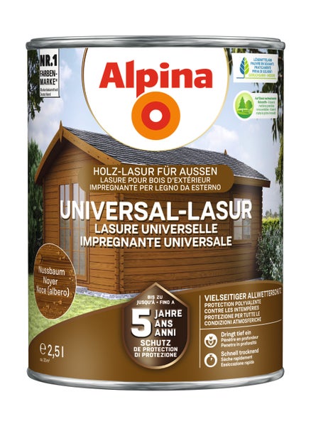 Alpina Universal-Lasur für außen, Farbton Nussbaum, 2,5 Liter. Holzlasur mit bis zu 5 Jahren Schutz und Wetterschutz für circa 33 Quadratmeter.