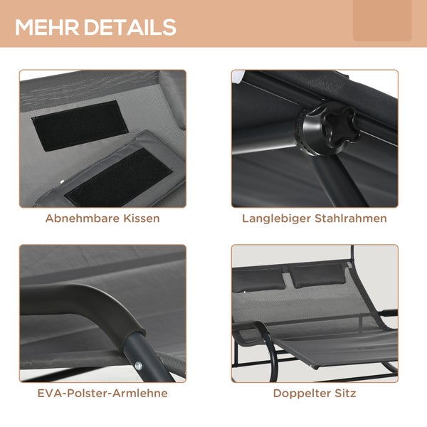 Detailansicht einer Gartenliege mit abnehmbaren Kissen, Stahlrahmen, gepolsterten Armlehnen und Doppelsitz.