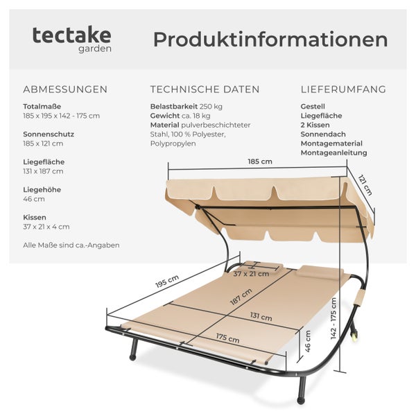 Gartenliege tectake Livorno 215 x 183 x 150 cm für 2 Personen schwarz/beige