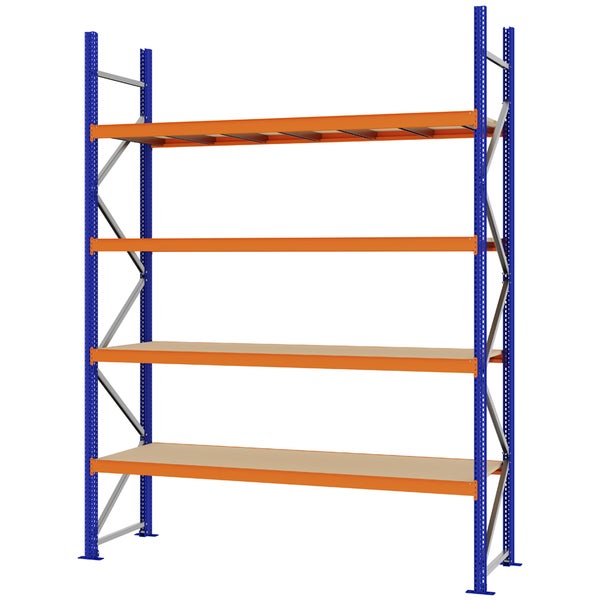 Weitspannregal aus Metall mit vier Holzböden, blauem Rahmen und orangefarbenen Traversen für Lager und Werkstatt.