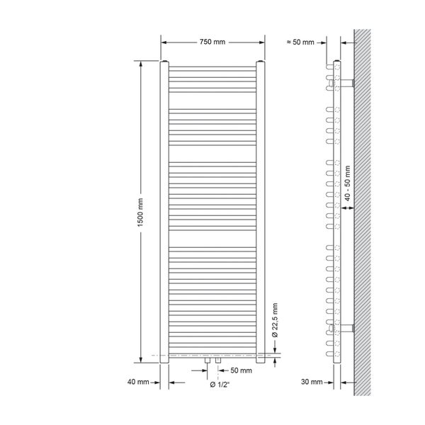 ECD Germany Badheizkörper Mittelanschluss 750 x 1500 mm Anthrazit gebogen mit Thermostat und Anschlussgarnitur Eck Wand - Heizkörper Heizung Handtuchwärmer Handtuchtrockner Handtuchheizkörper